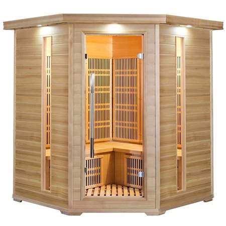  Hörnbastu Infraröd   Apollon Turmalin Corner Hemlock   Infra-bastu för 4 personerStorlek: 1500 x 1500 x 1900 mmTräslag: Hemlock